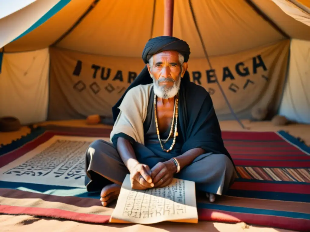 Un sabio tuareg recita escritura tifinagh en una tienda del desierto
