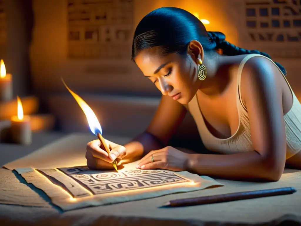 Un sabio maya escribe jeroglíficos en rituales de escritura, inmerso en la luz cálida de las velas, conectando con lo divino