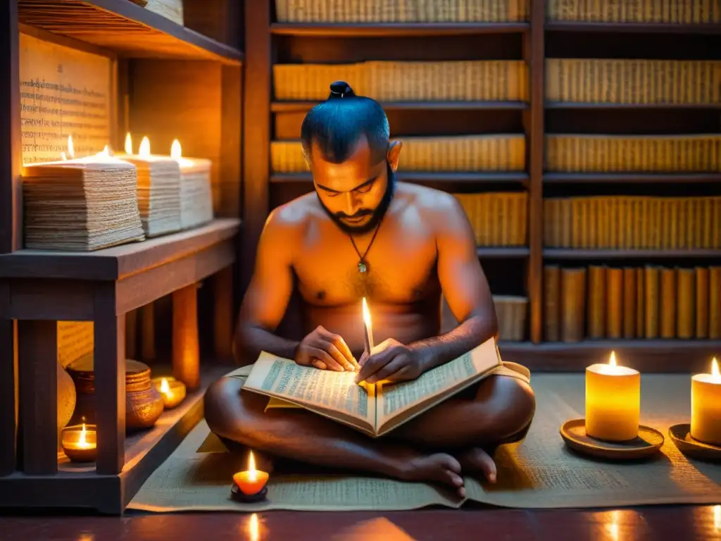 Un sabio escriba trasciende el tiempo transcribiendo himnos védicos Rigveda en manuscritos de hojas de palma, rodeado de antigüedad y sabiduría