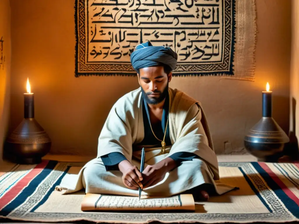 Un sabio tuareg escribe en Tifinagh, iluminado por la luz de las velas