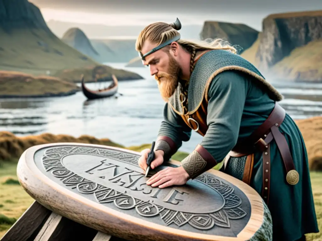 Un sabio vikingo talla runas en una piedra, con un paisaje nórdico neblinoso de fondo y un drakkar atracado