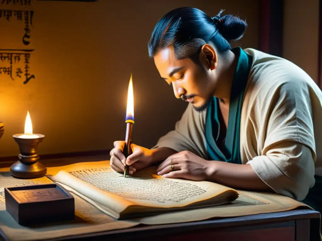 Un sacerdote transcribe antiguos manuscritos en un ambiente sereno iluminado por velas