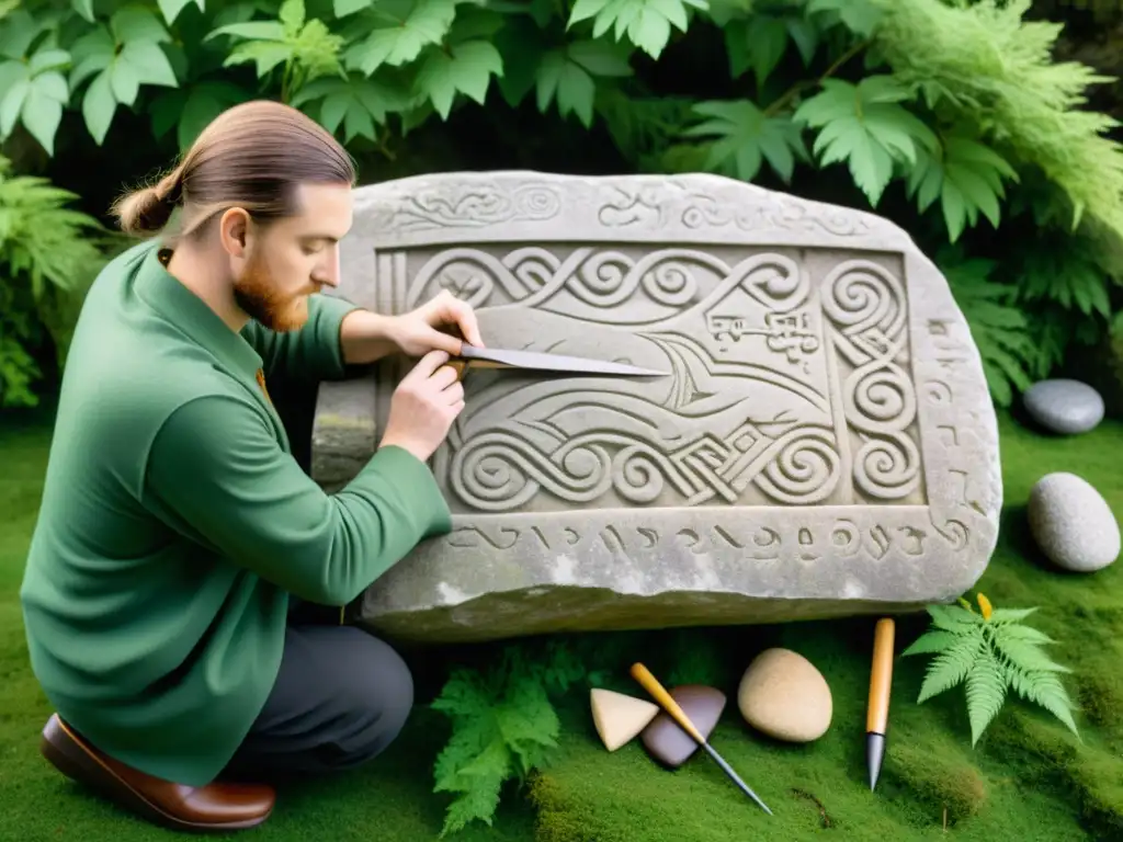 Un sacerdote celta talla la escritura Ogham en una losa de piedra en un entorno natural sereno, evocando la enseñanza de la escritura Ogham irlandesa