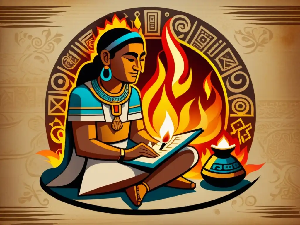 Un sacerdote maya inscribe jeroglíficos en rituales de escritura, rodeado de antorchas y objetos ceremoniales