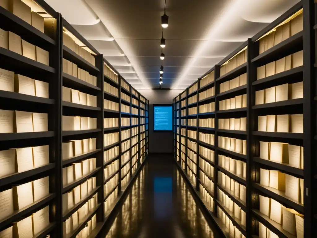 Una sala de archivos históricos con ciberseguridad avanzada, iluminada por una suave luz que resalta los detalles de antiguos manuscritos y documentos