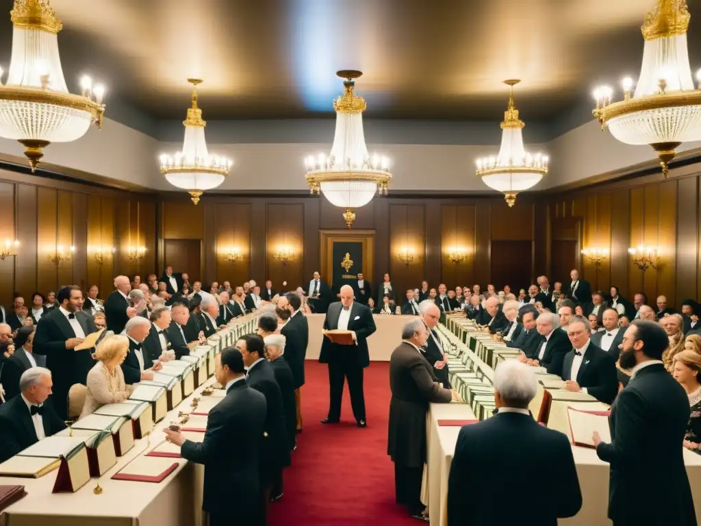 Una sala de subastas vintage llena de gente elegante participando en una subasta de manuscritos antiguos