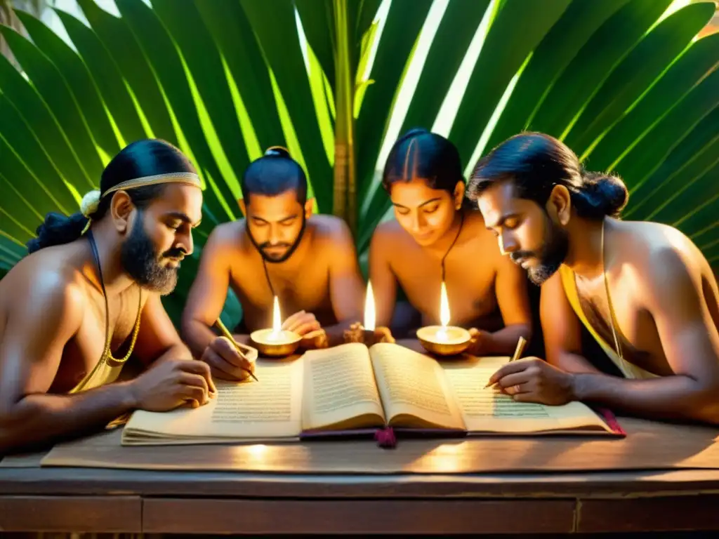 Sala de transcripción de himnos védicos Rigveda en la penumbra, con escribas, incienso y antiguos textos