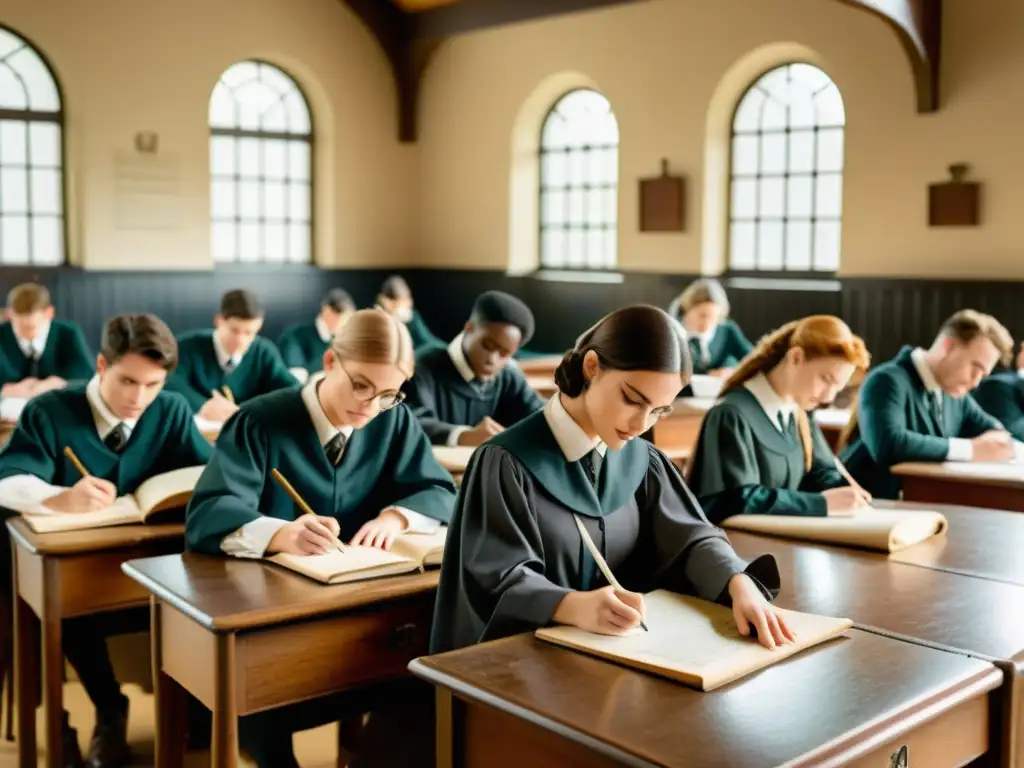 Salón de clase vintage con estudiantes practicando manuscritos modernos en educación, junto a un profesor brindando instrucción personalizada