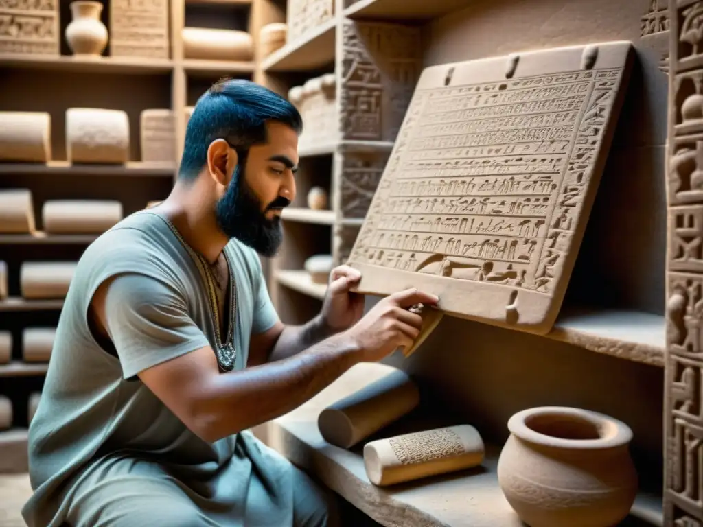 Scribe en Mesopotamia grabando cuneiforme en tableta de arcilla