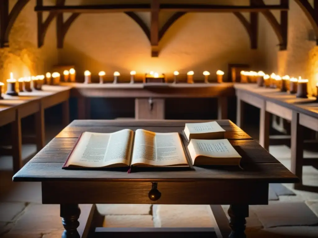 Un scriptorium medieval iluminado por velas, lleno de manuscritos medievales en un monasterio europeo