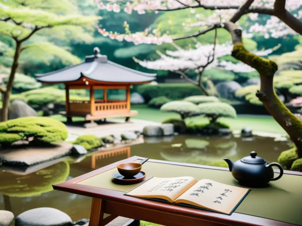 Jardín japonés sereno con casa de té tradicional y taller de caligrafía zen, rodeado de cerezos en flor