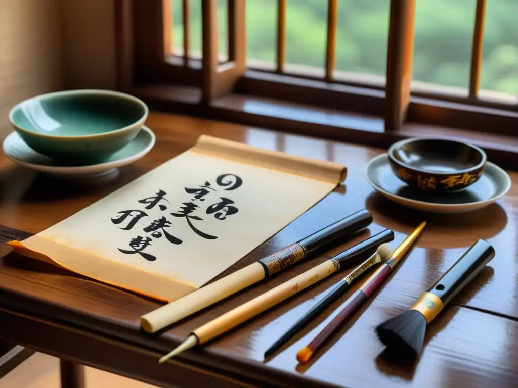 Un set de caligrafía china tradicional arte escritura con pinceles, tinta, papel y caracteres Hanzi, evocando artesanía y reverencia cultural