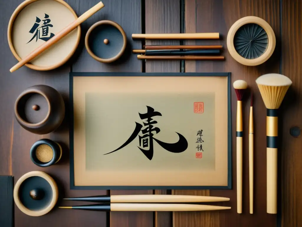 Un set de caligrafía china vintage con pinceles, barras de tinta y papel tradicional sobre una superficie de madera envejecida