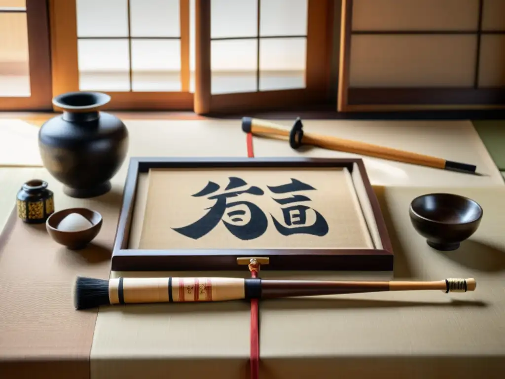 Un set de caligrafía japonés tradicional con pinceles, tinta y piedra de tinta, sobre tela de seda con patrones florales