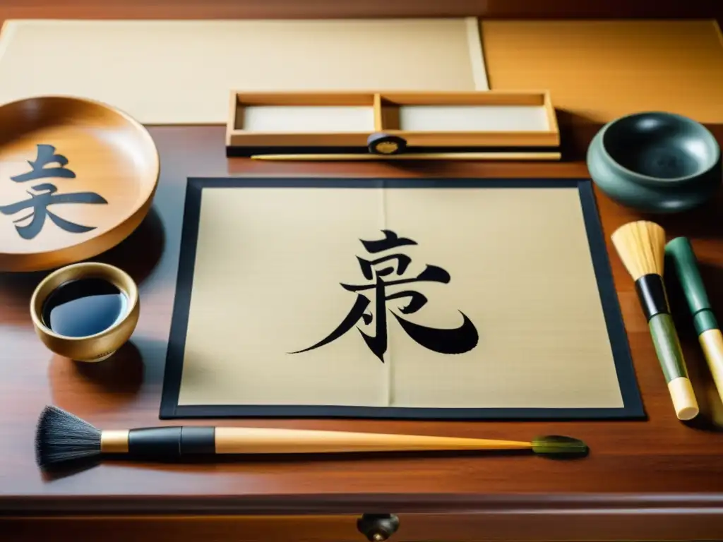 Un set de caligrafía japonés tradicional con pinceles de bambú y piedra de tinta, bañado por luz cálida