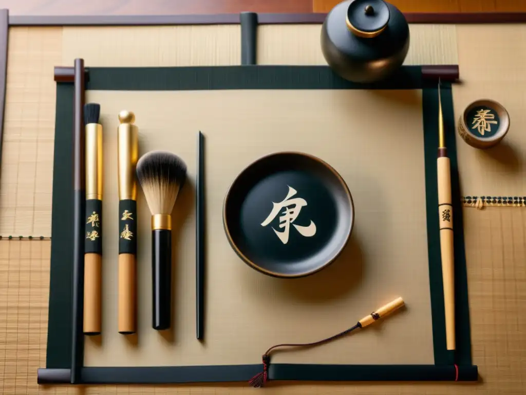 Un set de caligrafía japonés vintage descansa sobre un tatami, iluminado por luz natural