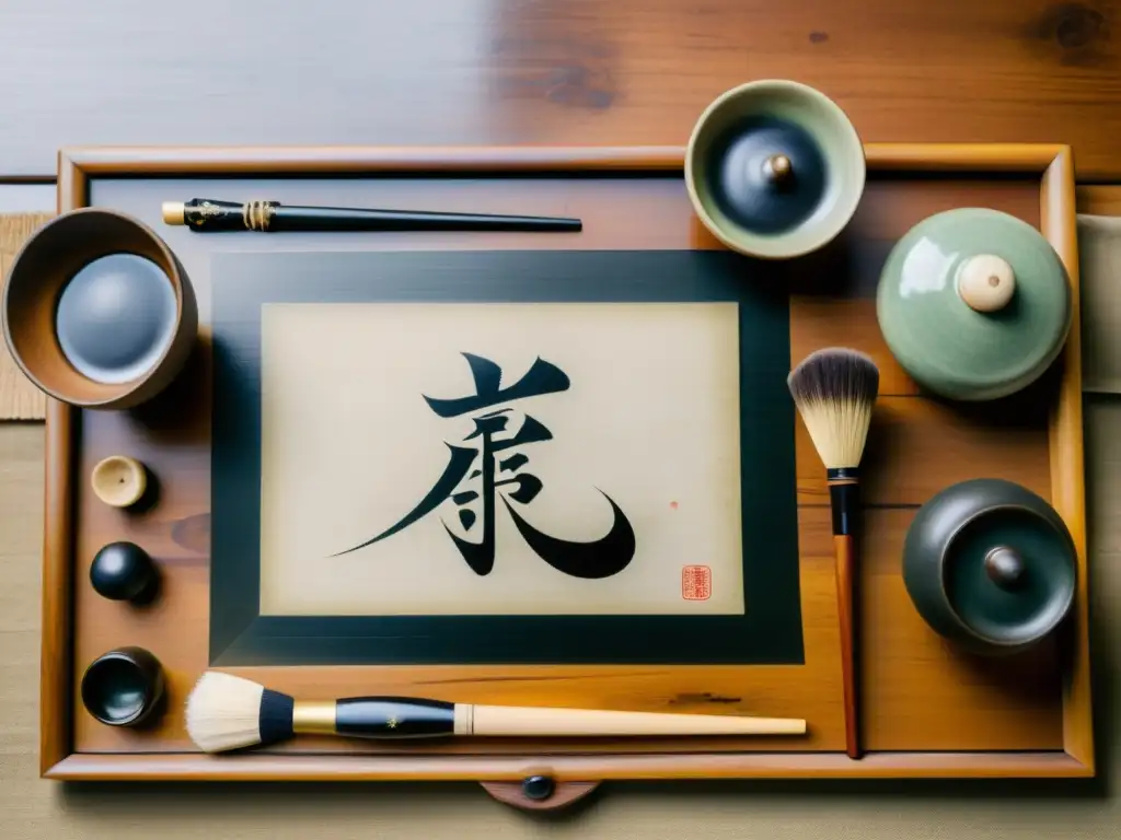 Un set de caligrafía japonés vintage en una mesa de madera rústica, construyendo vocabulario a través de Kanji en una atmósfera serena y atemporal