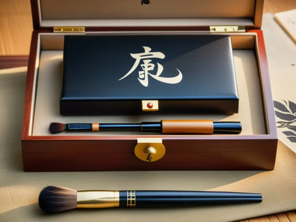 Un set de caligrafía tradicional japonés, con pinceles, tinta y una caja adornada