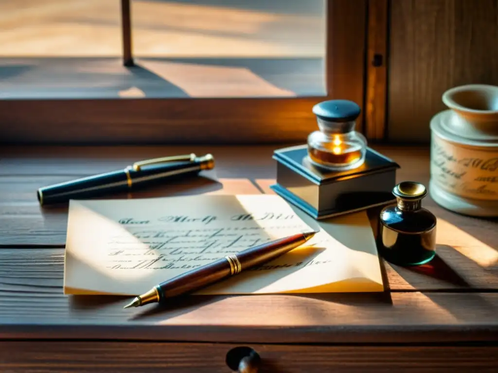 Un set de caligrafía vintage descansa sobre una mesa de madera envejecida, iluminado por la suave luz natural