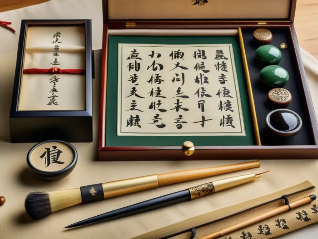 Un set de caligrafía vintage con pinceles elegantes, piedras de tinta y papel de arroz con caracteres asiáticos