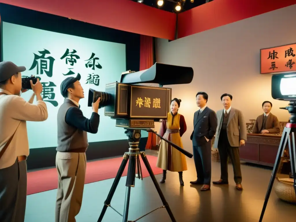 Un set de película vintage con director y equipo filmando escena con Hanzi en pantalla