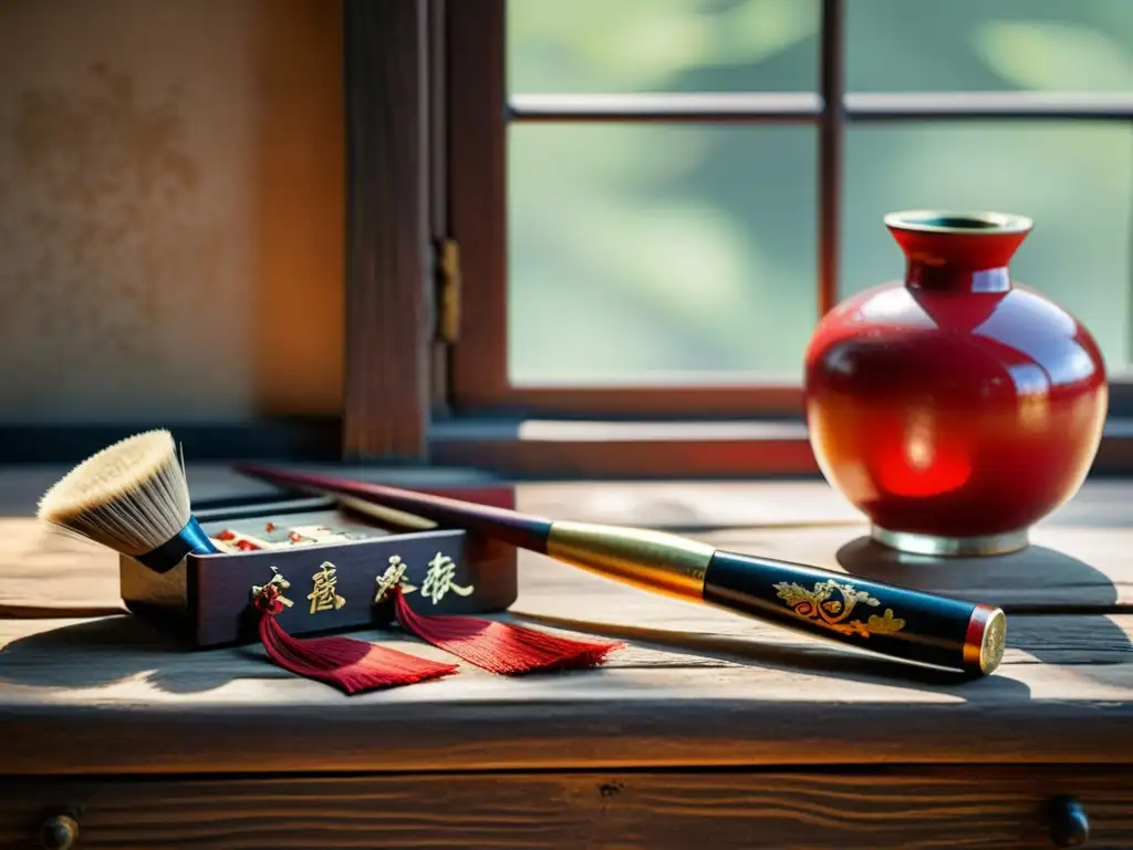 Un set de pinceles de caligrafía chinos vintage descansa sobre un escritorio de madera envejecida, bañado por luz natural