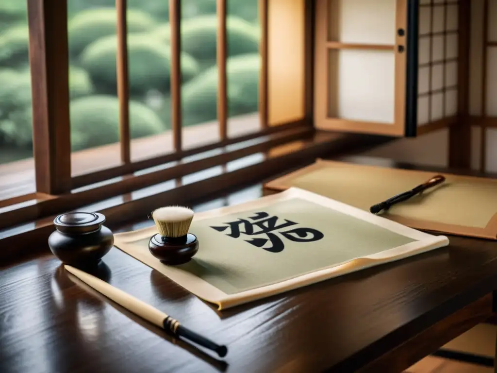 Set de pinceles japoneses en escritorio de madera, resaltado por luz suave