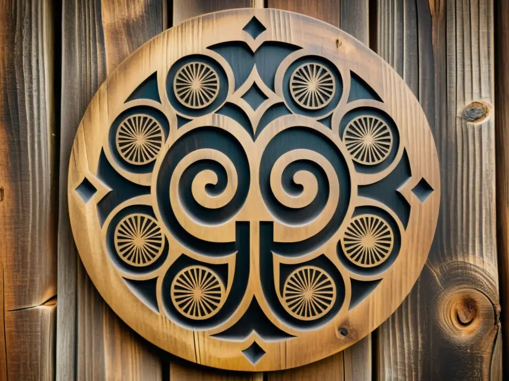 Un símbolo Adinkra tallado en madera envejecida, con patrones geométricos detallados que representan la tradición y la herencia de Ghana