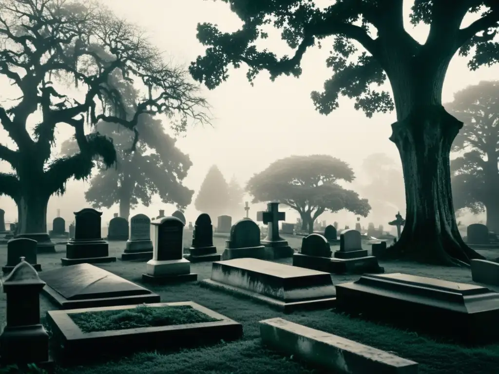 Símbolos en la obra de Camus: Fotografía en blanco y negro de un cementerio abandonado y cubierto de maleza, rodeado de árboles retorcidos