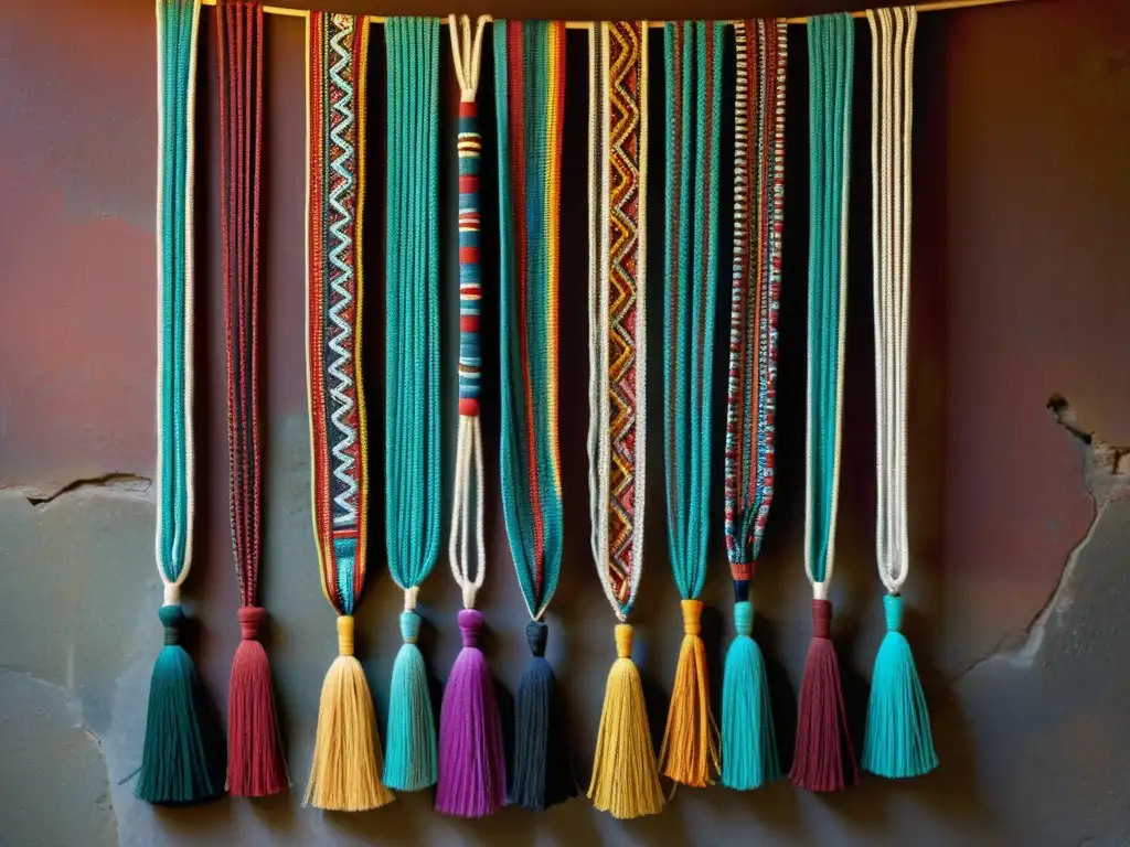 Sistema de escritura Inca trenzado Quipu: Intrincado quipu de colores suspendido en una habitación iluminada, evocando sabiduría ancestral