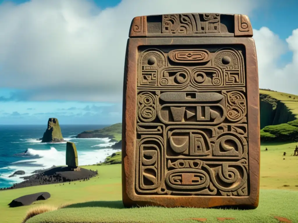 Sistema de escritura rongorongo Isla de Pascua: Tableta antigua con inscripciones rongorongo y paisaje de Isla de Pascua al fondo