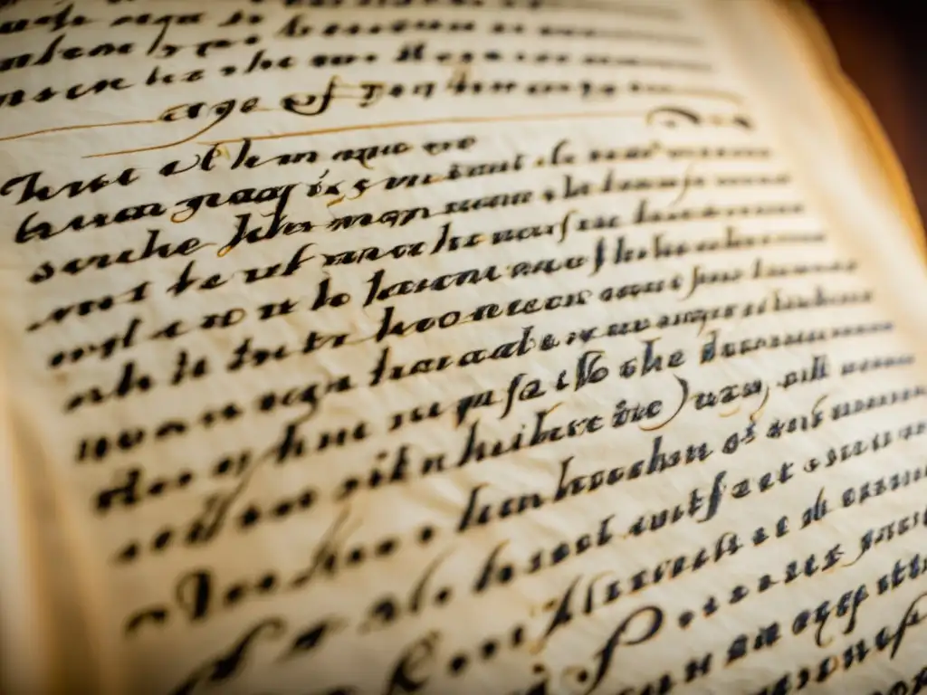 Sistemas de escritura antiguos significado: Detalle de manuscrito antiguo con caligrafía intrincada en pergamino envejecido