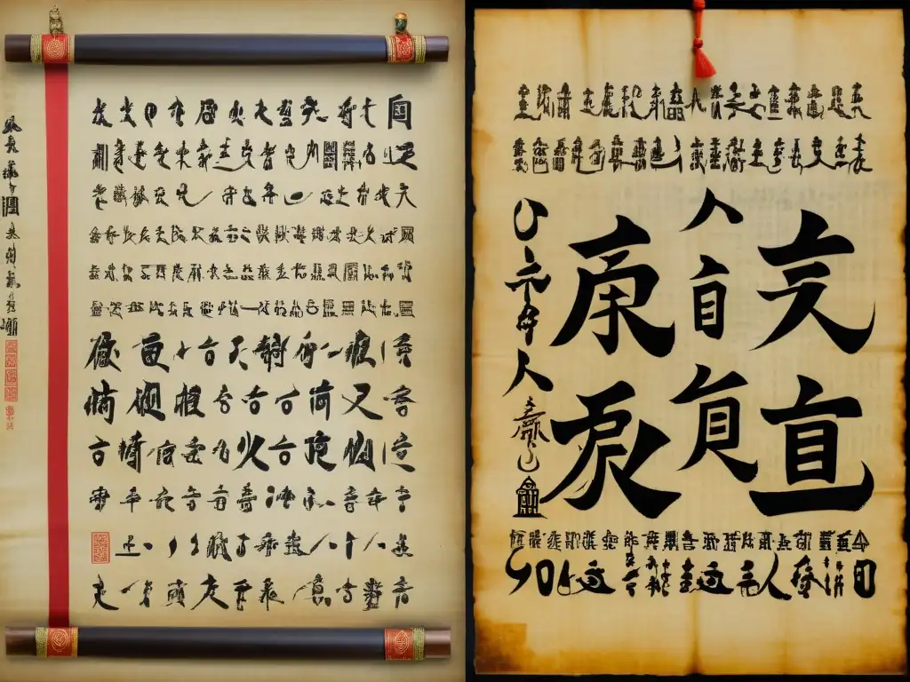 Evolución de sistemas de escritura comparados: Detalle de escritura china y griega en papiro y papel de arroz, con utensilios históricos de fondo