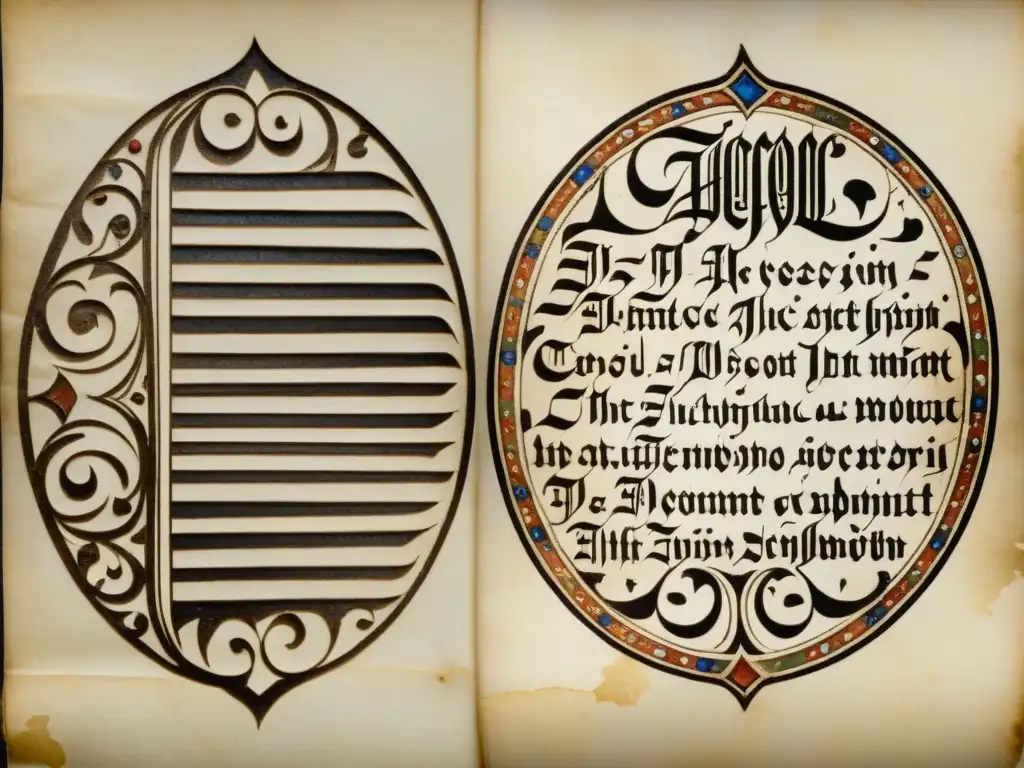 Comparación de sistemas de escritura culturales: elegante script carolingio y ornamental script gótico en pergamino envejecido