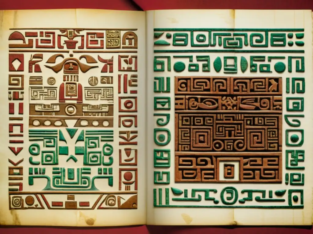 Comparación de sistemas de escritura mayas y aztecas en codex antiguos con ricos colores y detalles intrincados, evocando sabiduría cultural