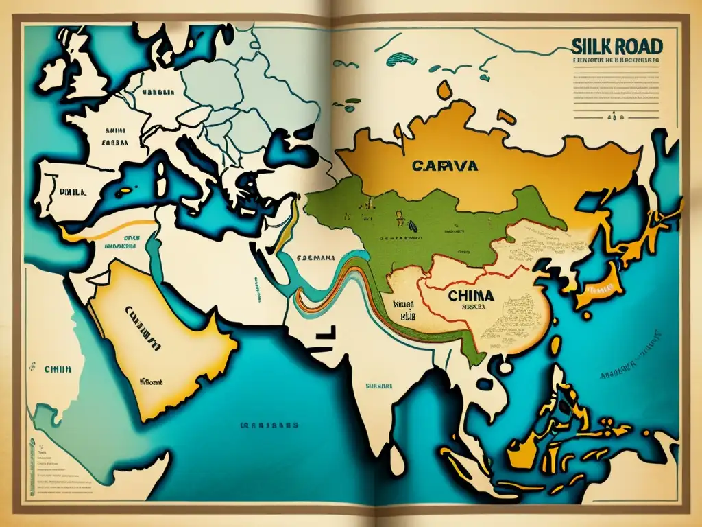 Sistemas de escritura en la Ruta de la Seda: Mapa vintage detallado de la antigua ruta comercial con caravanas, camellos y mercados bulliciosos