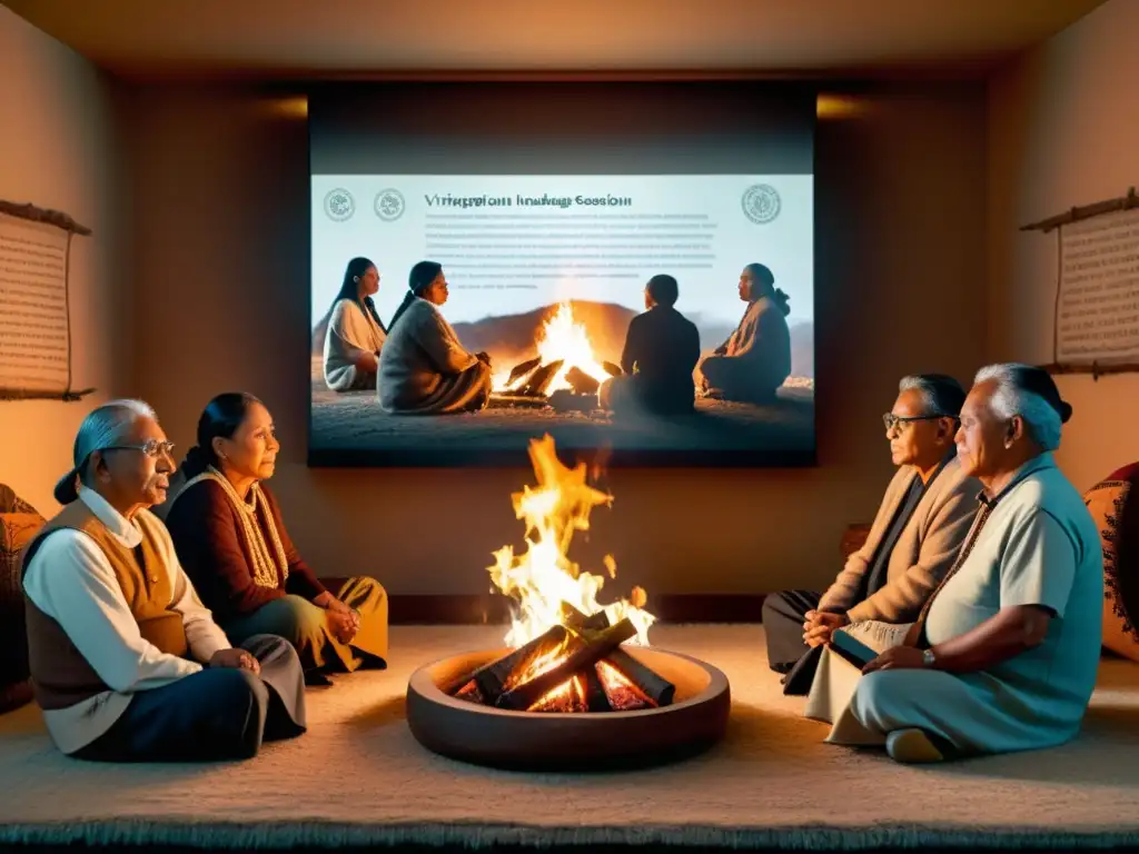 Software de transcripción para lenguajes indígenas: Ancianos preservando tradiciones orales alrededor del fuego, con interfaz moderna proyectada en la pared