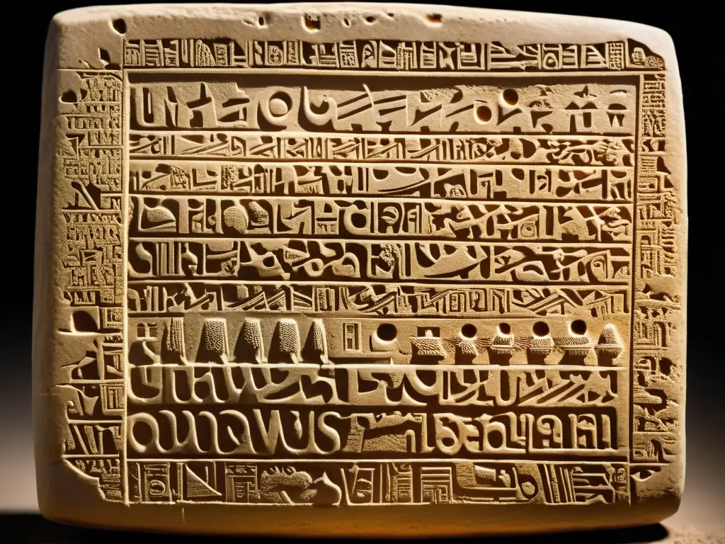 Tabla de arcilla con escritura cuneiforme de Babilonia iluminada por luz cálida, mostrando la antigua belleza y precisión de los caracteres