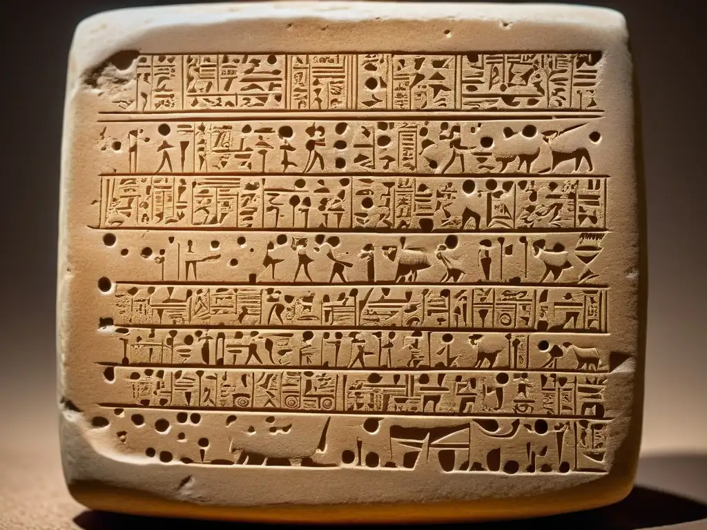 Tableta cuneiforme: Historia y sabiduría grabadas en arcilla Una tabla de escritura cuneiforme bien conservada con caracteres intrincados en tonos cálidos y terrosos