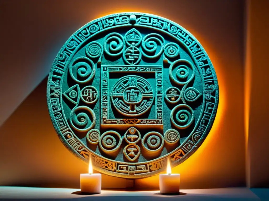 Tabla de piedra maya tallada con detalles intrincados, iluminada por velas, representando la escritura maya