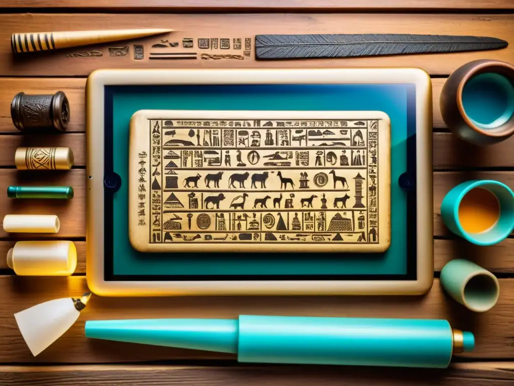 Un tablet vintage con jeroglíficos se transforma en papiro digital con artículos egipcios, evocando la fusión entre pasado y tecnología