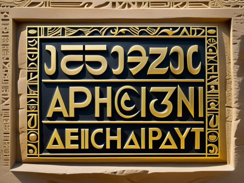 Tableta de alfabeto egipcio Deshret tallado con elegantes jeroglíficos dorados y negros sobre piedra arenosa envejecida