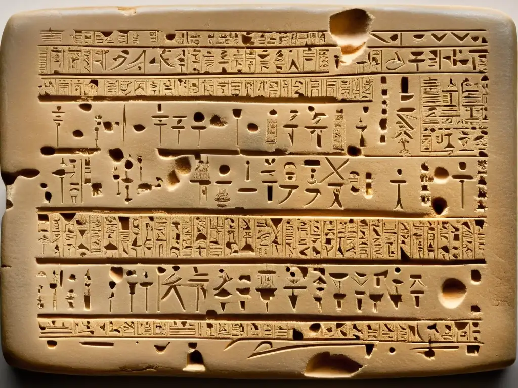 Una tableta de arcilla bien conservada con escritura cuneiforme, muestra los orígenes del alfabeto pictograma comunicación en Mesopotamia