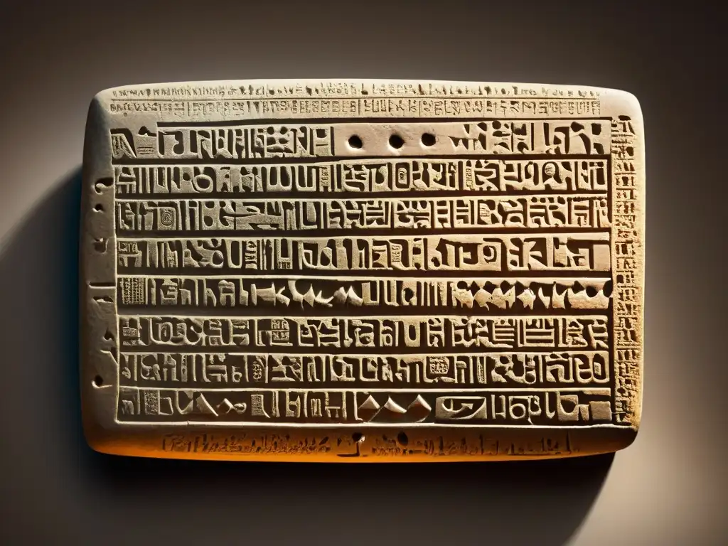 Tableta de arcilla cuneiforme: Detalles históricos Tableta de arcilla cuneiforme iluminada por luz cálida, muestra detalle y antigüedad