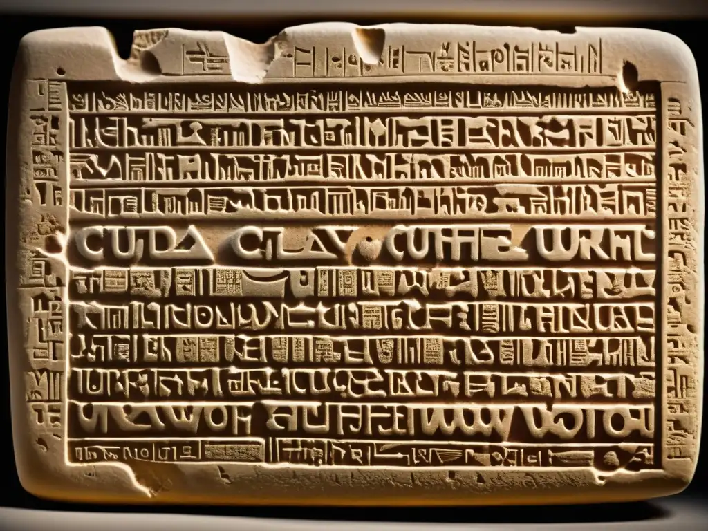 Tableta de arcilla cuneiforme iluminada: antigua escritura revelada Una tableta de arcilla desgastada iluminada por una luz cálida, con inscripciones cuneiformes detalladas