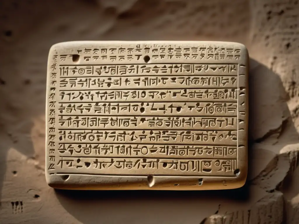 Tableta cuneiforme de la antigua Mesopotamia: detallada en 8k Una tableta de arcilla con escritura cuneiforme detallada, rodeada de utensilios antiguos y pergamino envejecido