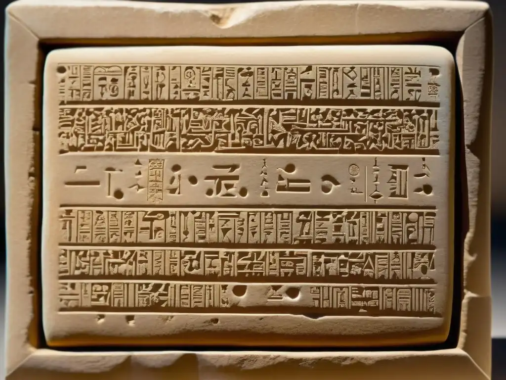 Una tableta de arcilla con escritura cuneiforme de Mesopotamia, rodeada de artefactos antiguos