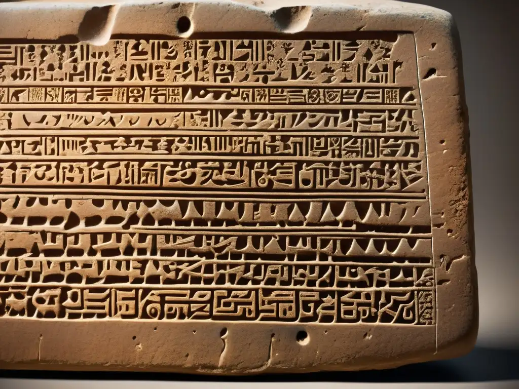 Tableta de arcilla cuneiforme: antigua escritura en detalle Tableta de arcilla con escritura cuneiforme, material didáctico para escribir cuneiforme, evocando la antigua herencia cultural