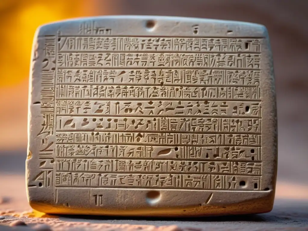 Tableta de arcilla con escritura cuneiforme iluminada por luz dorada, revelando los orígenes del sistema de escritura cuneiforme en Mesopotamia