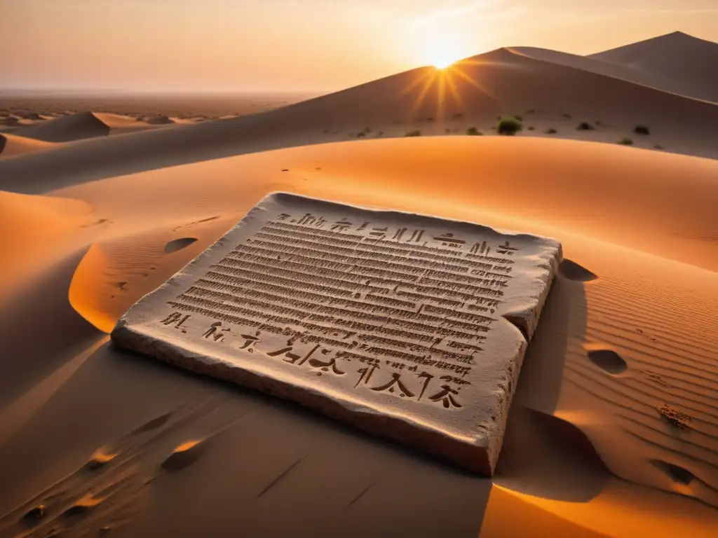 Tableta de arcilla con secretos escrituras olvidadas, iluminada por el cálido sol del desierto al atardecer